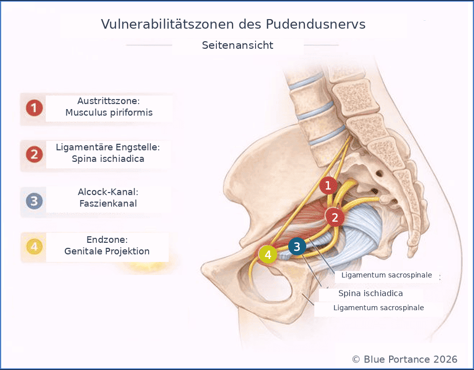 Anfällige Bereiche des Pudendusnervs entlang seines Verlaufs im Becken: Piriformis-Muskel, ligamentäre Engstelle, Alcock-Kanal und Endbereich.