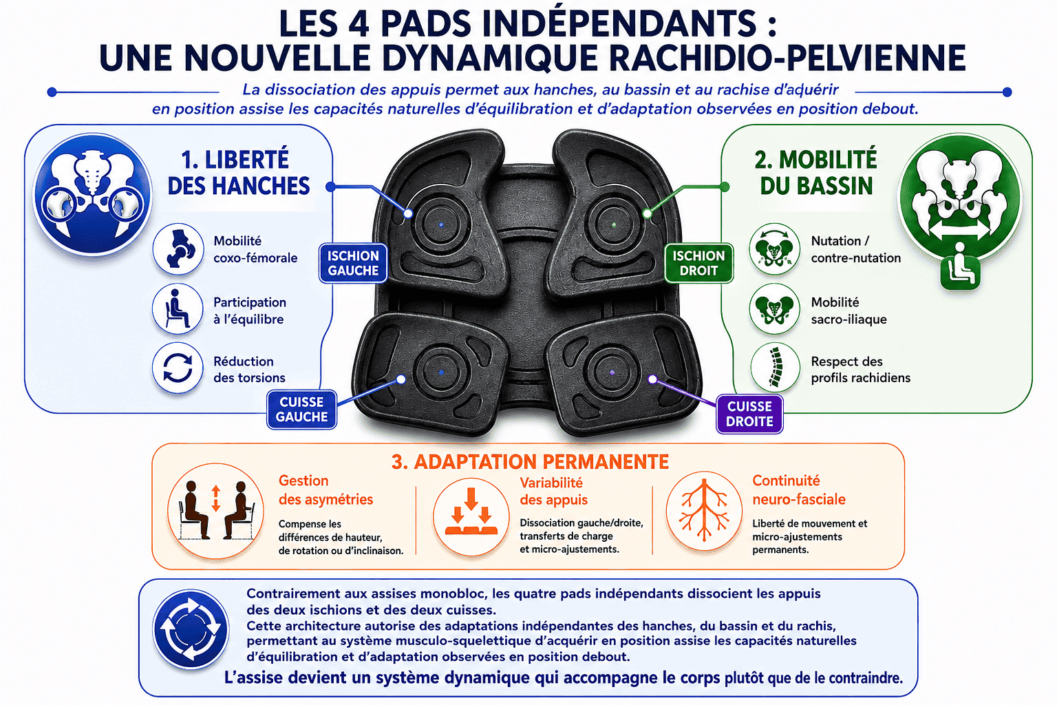 Les quatre pads indépendants de l’Exobase Aporia illustrant la dynamique rachidio-pelvienne