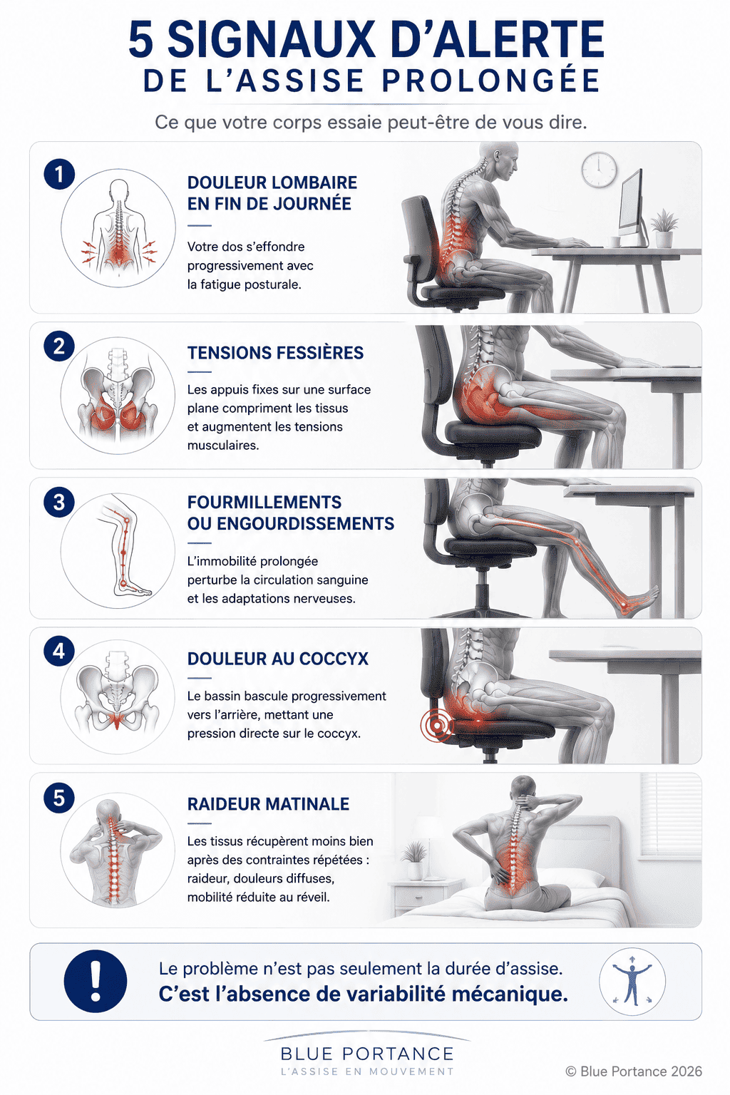 5 signaux d'alerte de l'assise prolongée : douleur lombaire, tensions fessières, fourmillements, coccyx, raideur - Blue Portance