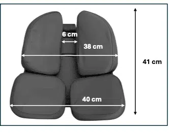 Maßskizze der Sitzfläche Aporia Canyon: 41 cm tief, 40 cm breit vorne, 38 cm hinten, durchgehender Mittelkanal von 6 cm.