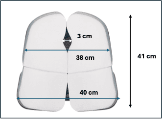 Maßskizze der Sitzfläche Aporia Standard: 41 cm tief, 40 cm breit vorne, 38 cm hinten, hintere mittlere Aussparung von 3 cm.