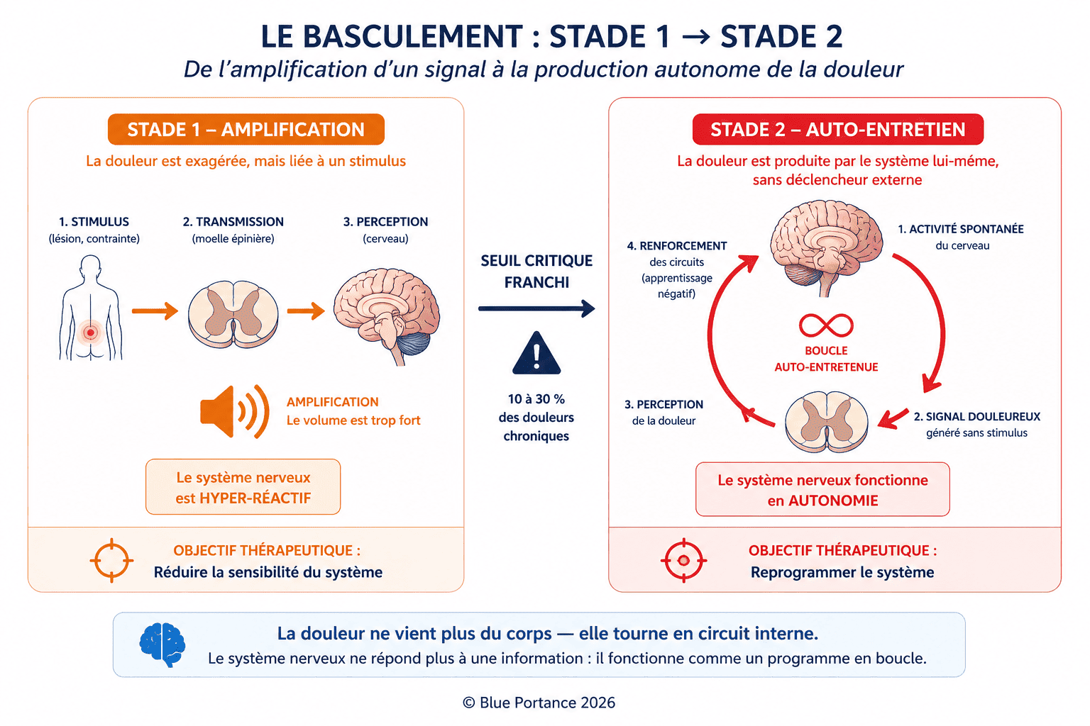 Comparaison entre douleur amplifiée liée à un stimulus et douleur autonome générée par le système nerveux