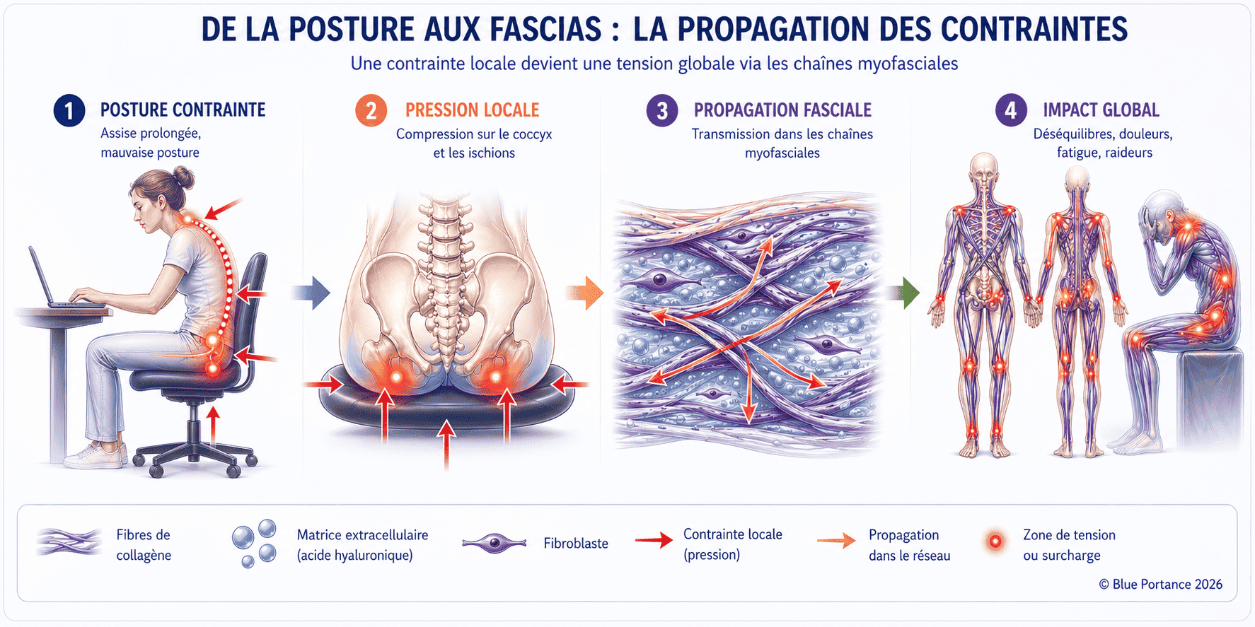 Propagation des contraintes depuis la posture assise vers les fascias