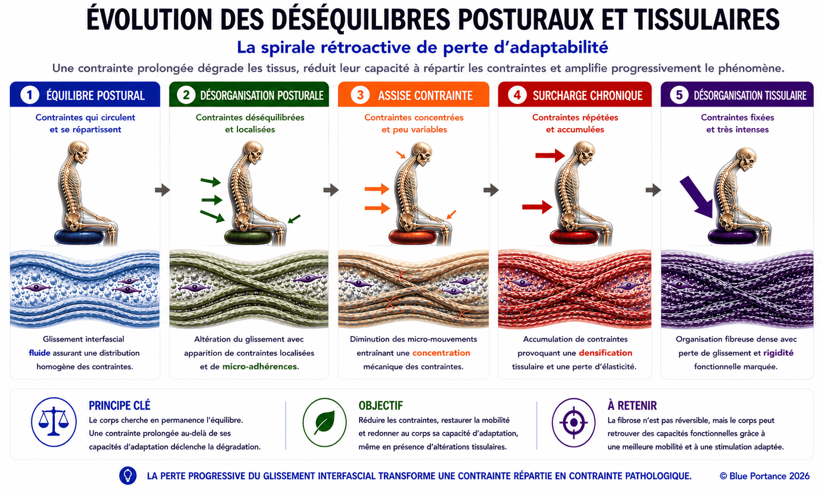 Mal de dos en position assise : évolution des déséquilibres posturaux, perte de glissement fascial et rigidification tissulaire