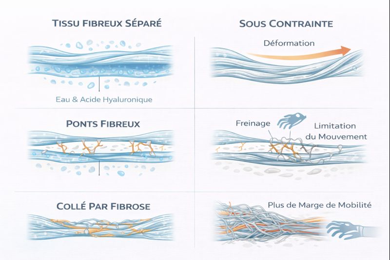 Fibrose fasciale : transformation du fascia en structure dense et contractile, moins déformable sous contrainte mécanique