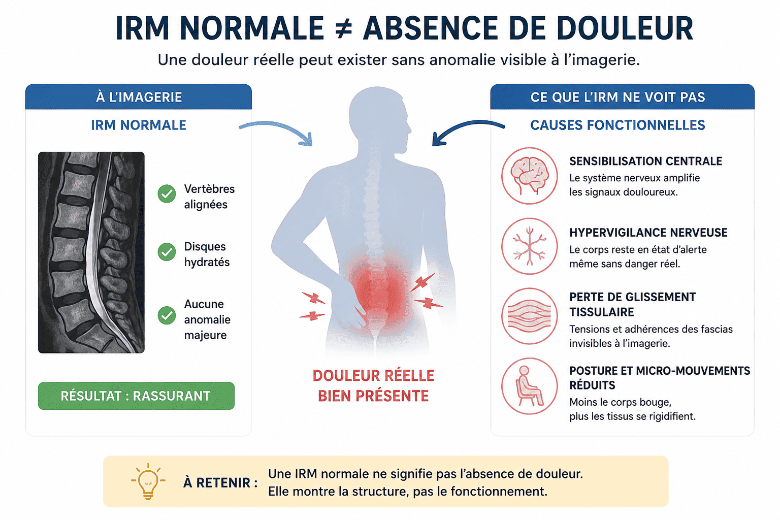 Mal de dos et IRM normale et douleurs invisibles liées au système nerveux et aux fascias