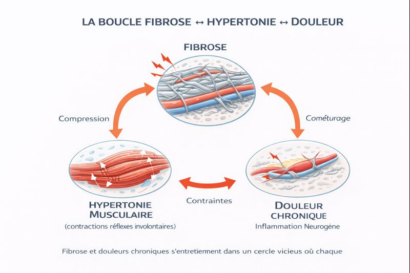 Boucle fibrose hypertonie douleur : cercle vicieux entre rigidification fasciale, contraction musculaire réflexe et douleur chronique