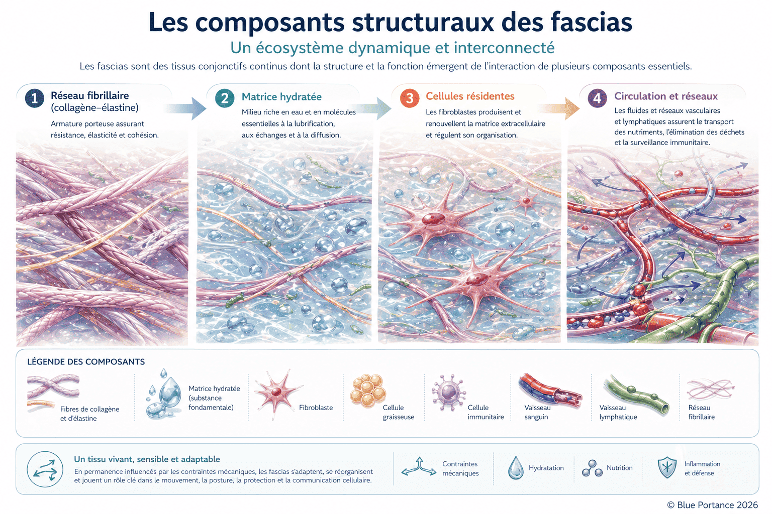Composants structuraux des fascias : matrice extracellulaire, fibres, cellules et réseau vasculaire