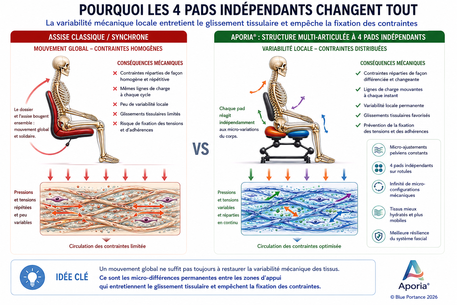 Comparaison entre un coussin ergonomique classique et l’assise bioactive Aporia montrant comment les 4 pads indépendants redistribuent les contraintes mécaniques
