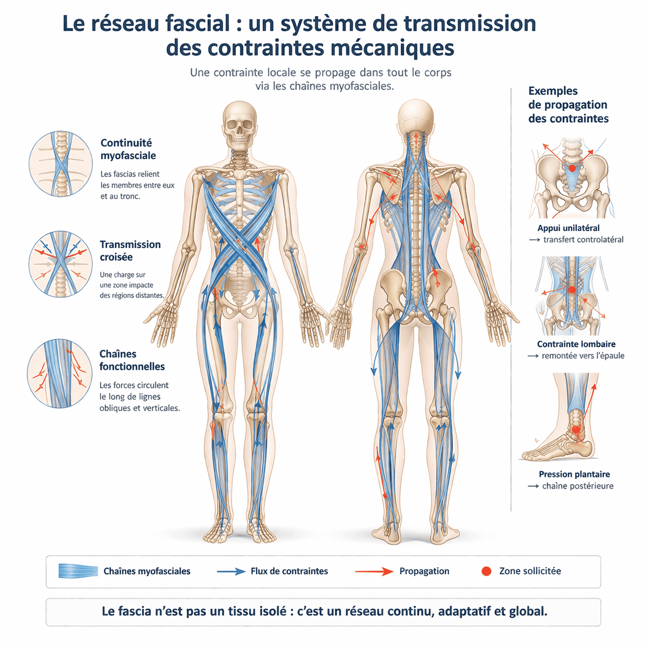 Réseau fascial continu reliant les structures du corps