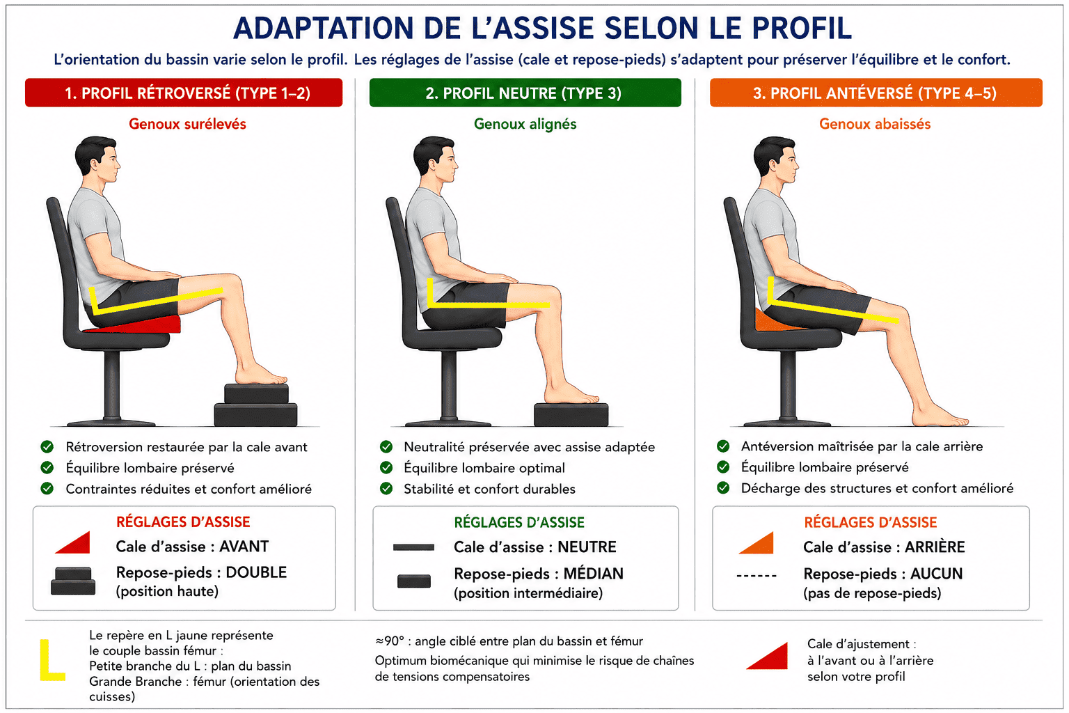 Adaptation de l’assise selon le profil naturel d’équilibre : profils rétroversé, neutre et antéversé