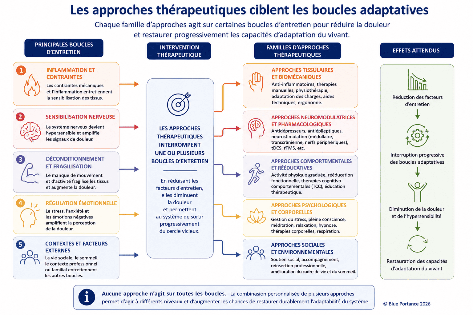 Correspondance entre les boucles d'entretien de la douleur et les familles d'approches thérapeutiques