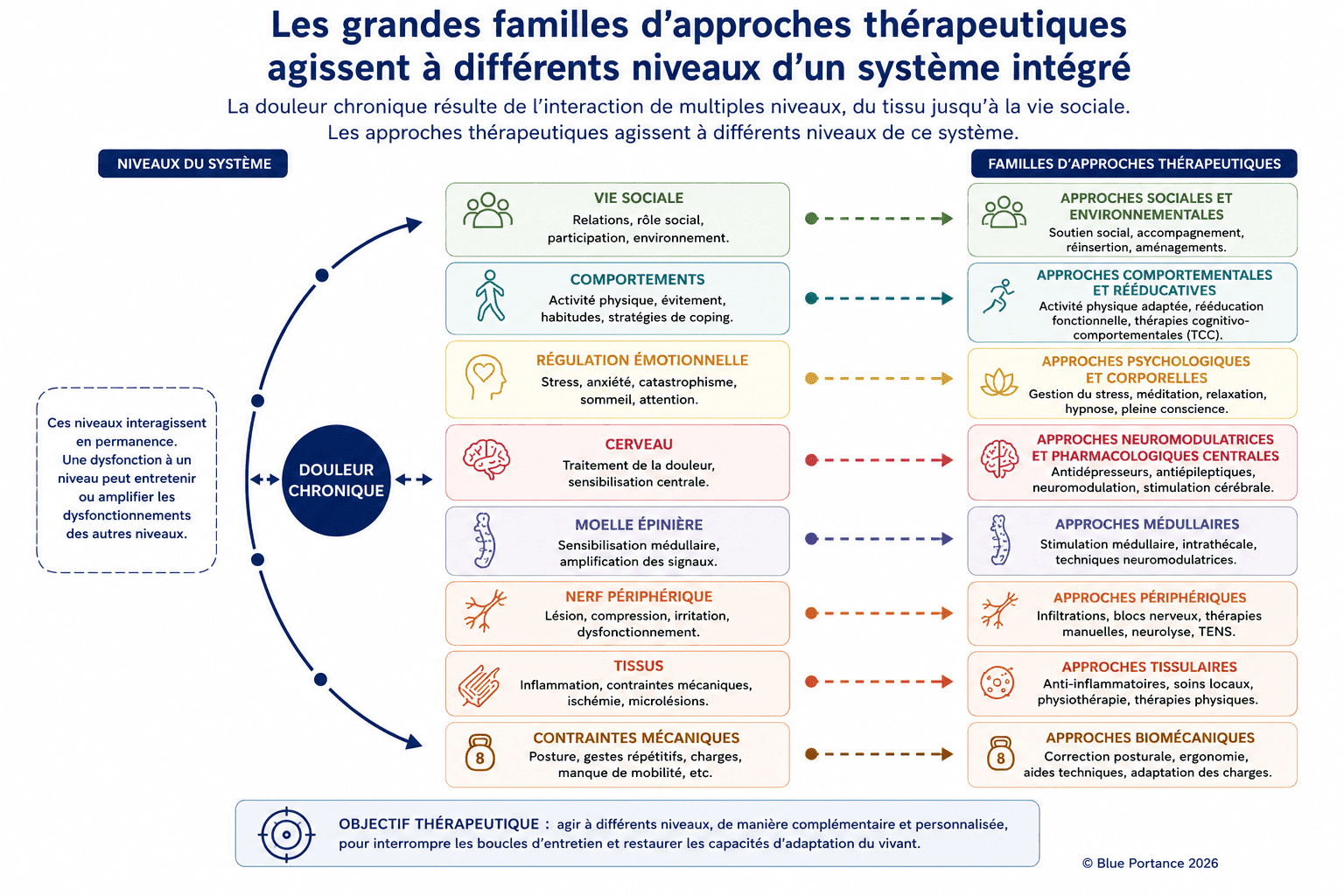 Niveaux du système impliqués dans la douleur chronique et familles d'approches thérapeutiques correspondantes