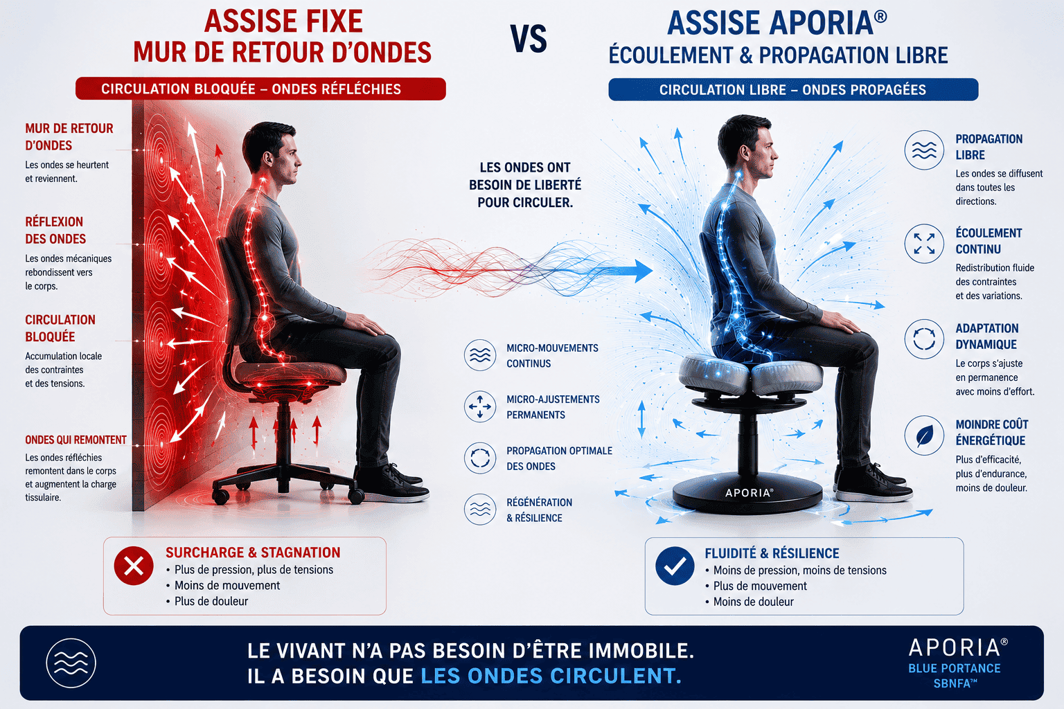 Infographie biomécanique comparant une assise fixe créant un mur de retour d’ondes mécaniques avec une assise Aporia favorisant la propagation libre des variations mécaniques et des micro-mouvements.