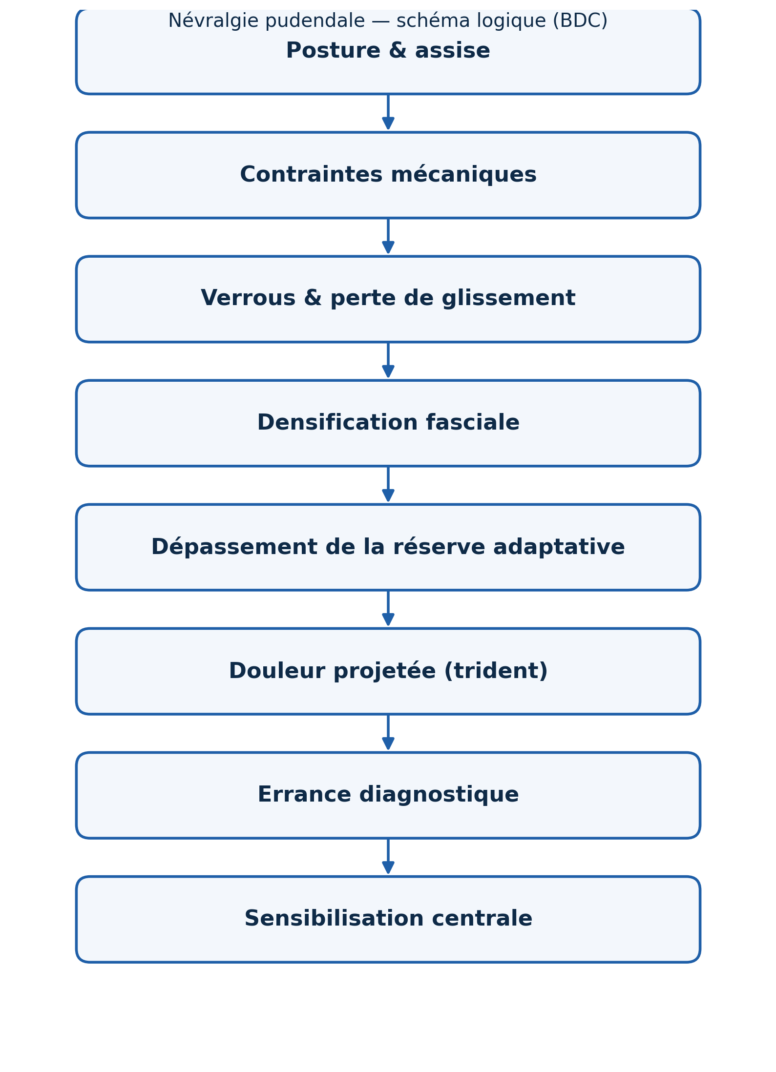 Schéma logique de la névralgie pudendale : posture et assise → contraintes mécaniques → verrous et perte de glissement → densification fasciale → dépassement de la réserve adaptative → douleur projetée (trident) → errance diagnostique → sensibilisation centrale