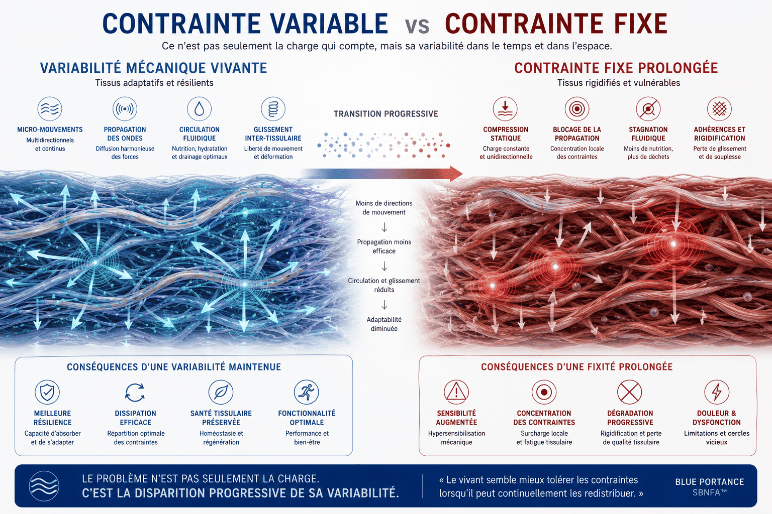 Infographie biomécanique comparant des tissus soumis à une variabilité mécanique vivante avec des tissus exposés à une contrainte fixe prolongée et à une diminution de l’adaptabilité.