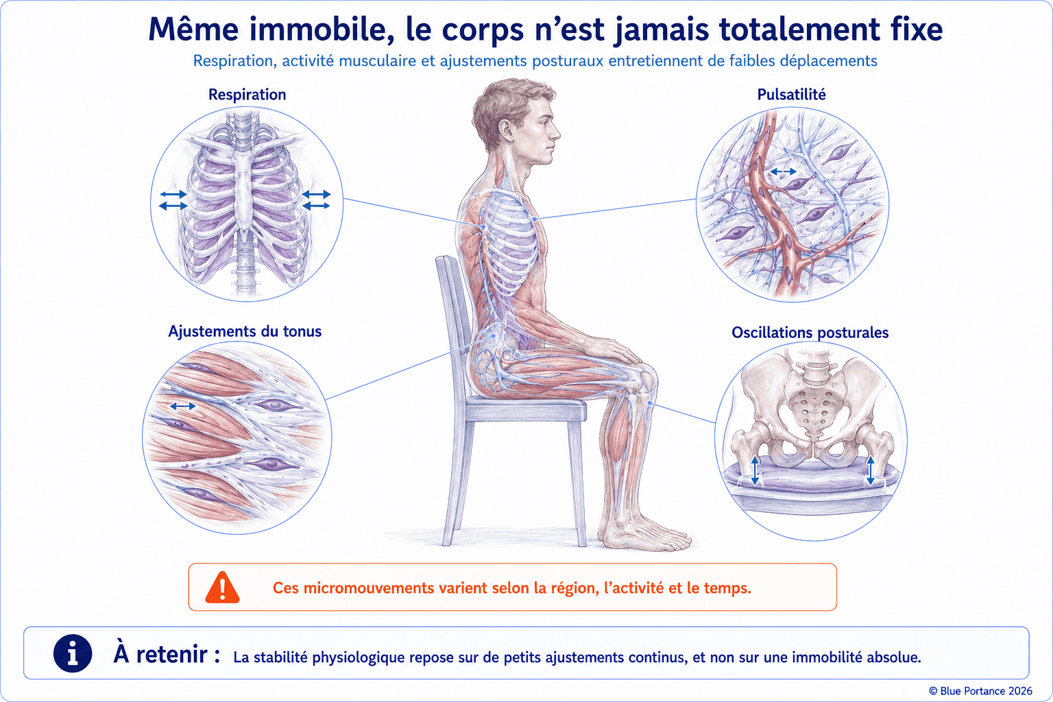 Respiration, pulsations vasculaires, ajustements du tonus et oscillations posturales produisant des micromouvements corporels