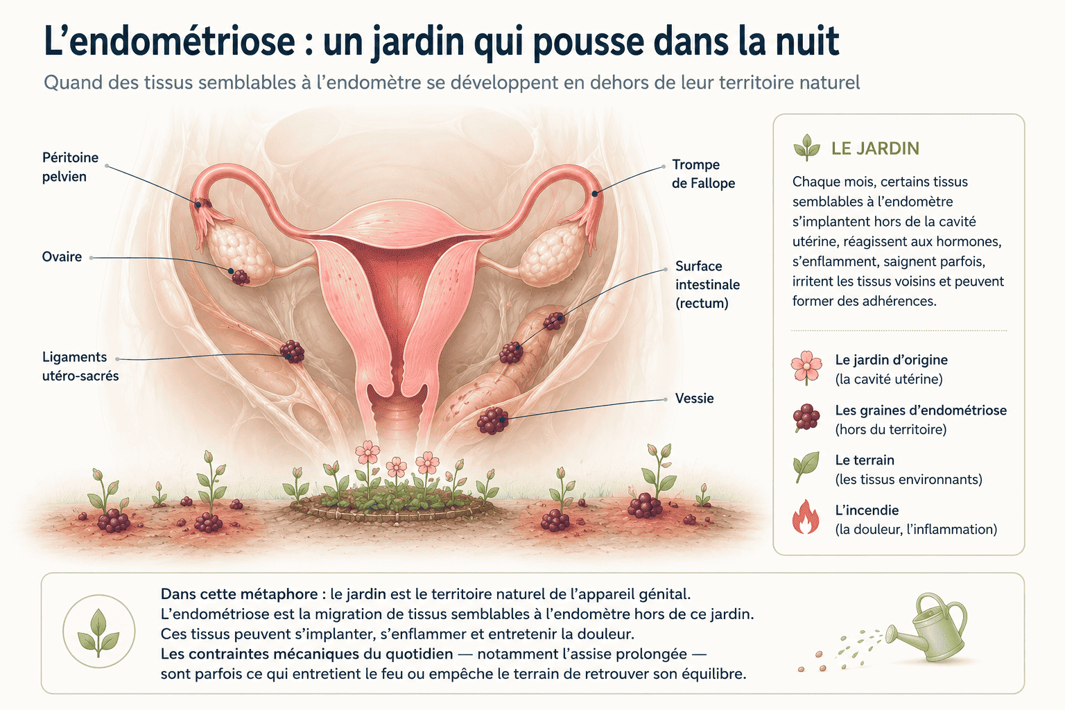 L'endométriose : un jardin qui pousse dans la nuit — infographie anatomique pédagogique