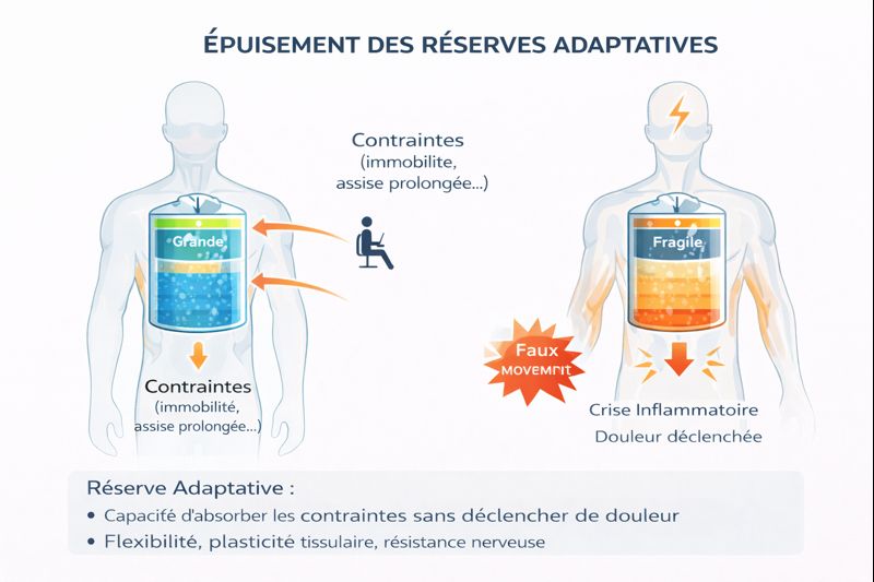 Schéma de l’épuisement des réserves adaptatives sous contraintes prolongées avec déclenchement de la douleur