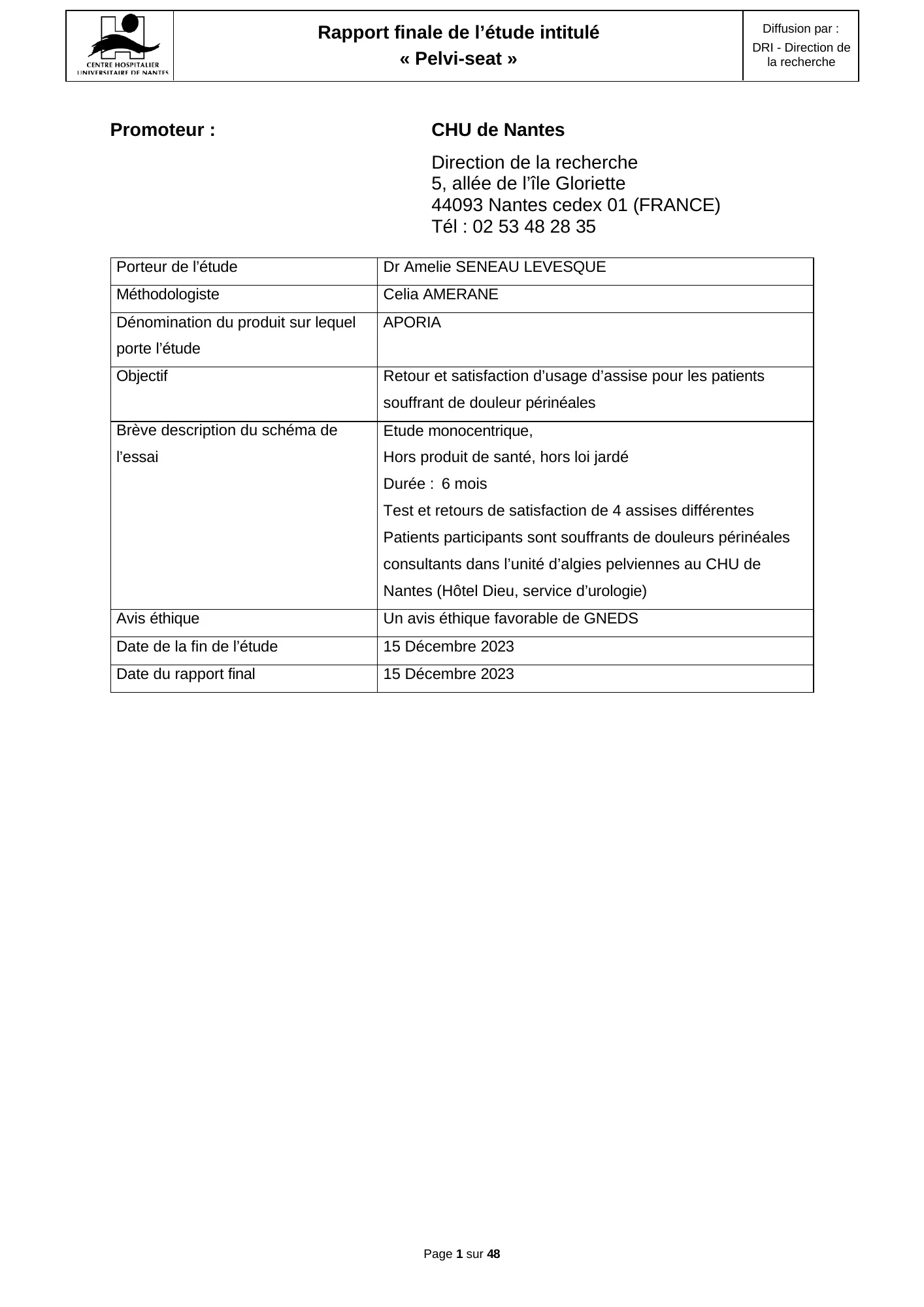 Bandeau du rapport : logo du Centre Hospitalier Universitaire de Nantes — Rapport finale de l’étude intitulé « Pelvi-seat » — Diffusion par : DRI - Direction de la recherche