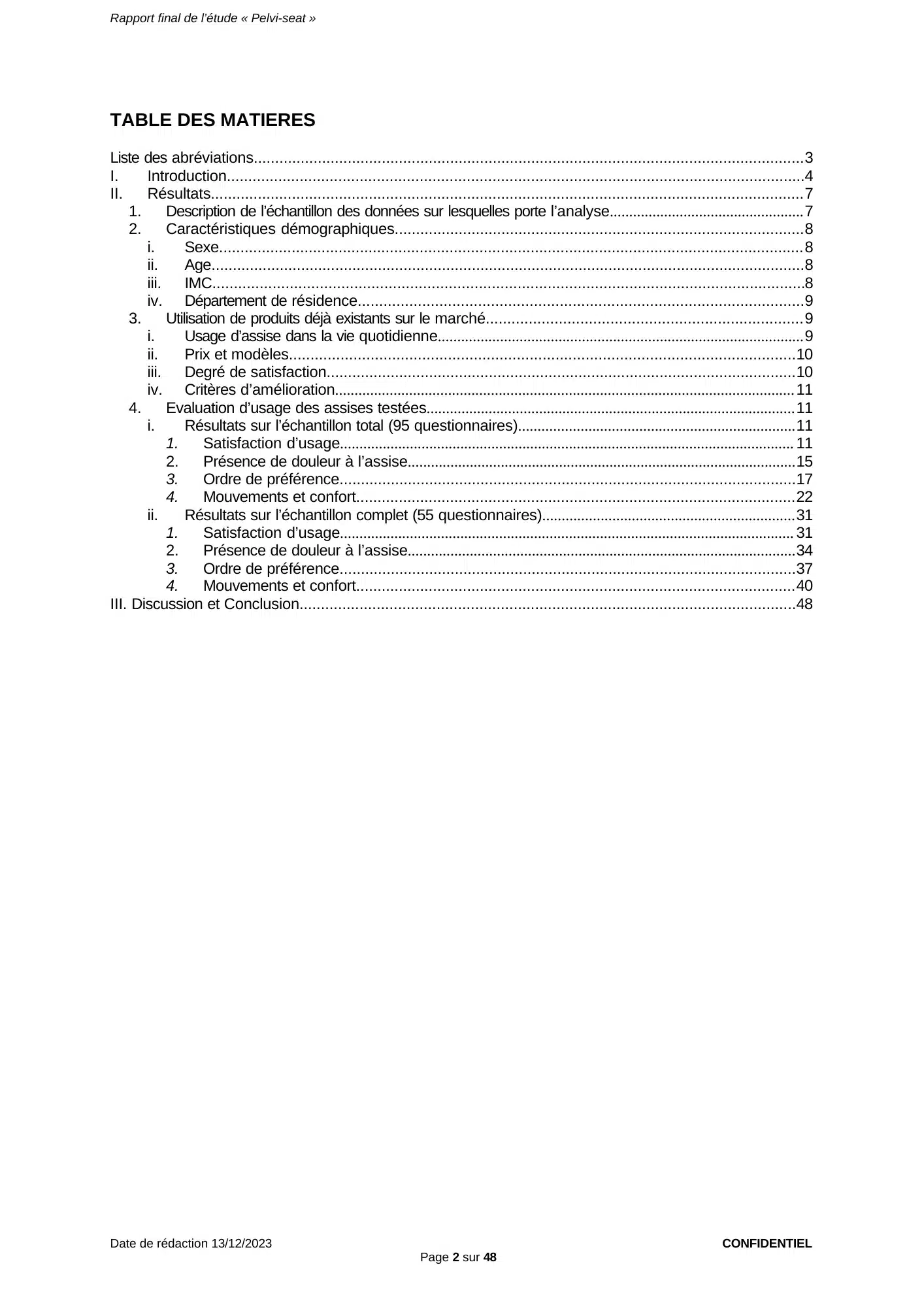 Étude Pelvi-Seat CHU de Nantes, page 2 : Table des matières : introduction, résultats sur l'échantillon total (95 questionnaires) et sur l'échantillon complet (55 questionnaires), discussion et conclusion.