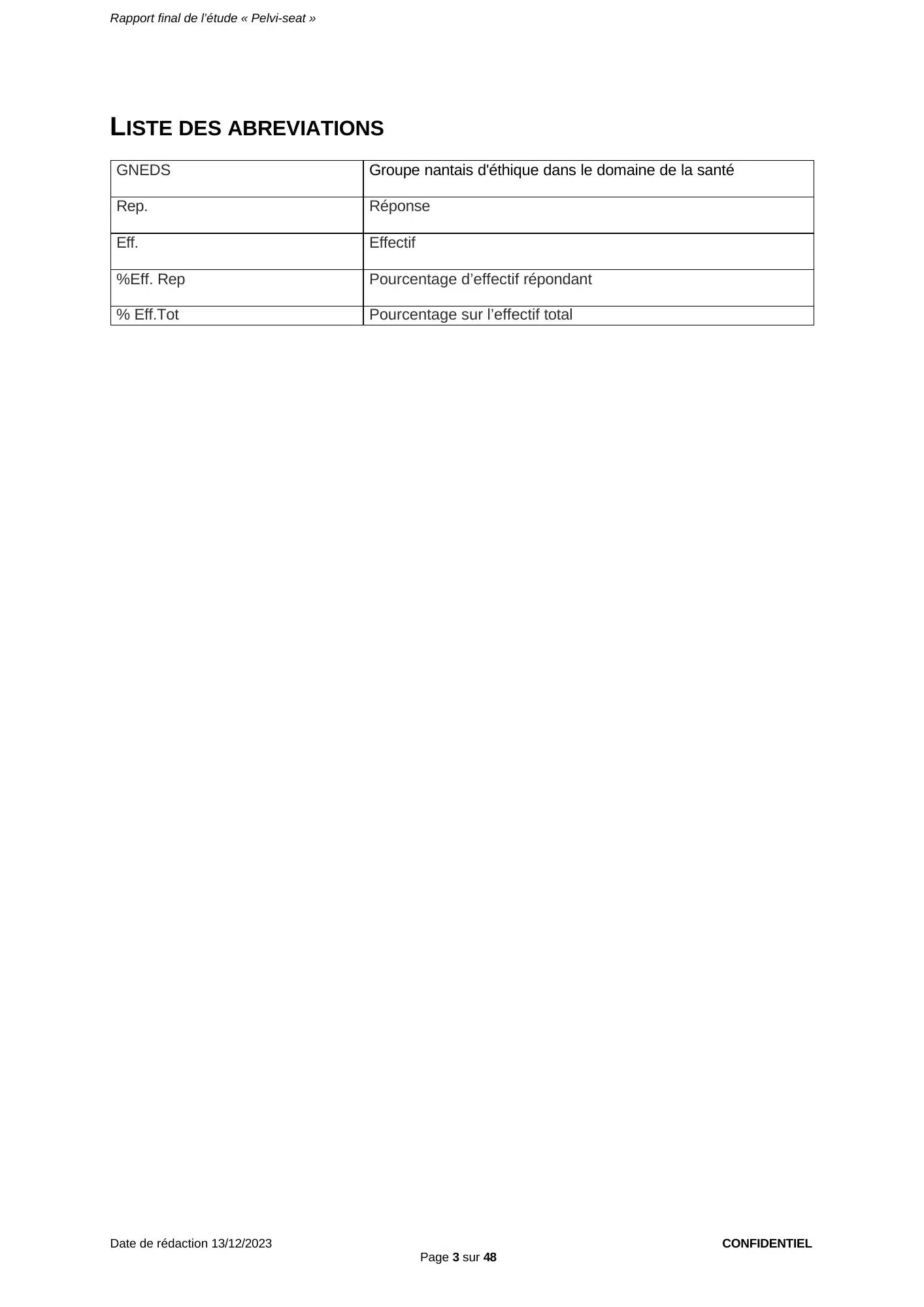 Étude Pelvi-Seat CHU de Nantes, page 3 : Liste des abréviations utilisées dans le rapport (GNEDS, effectifs, pourcentages de répondants).