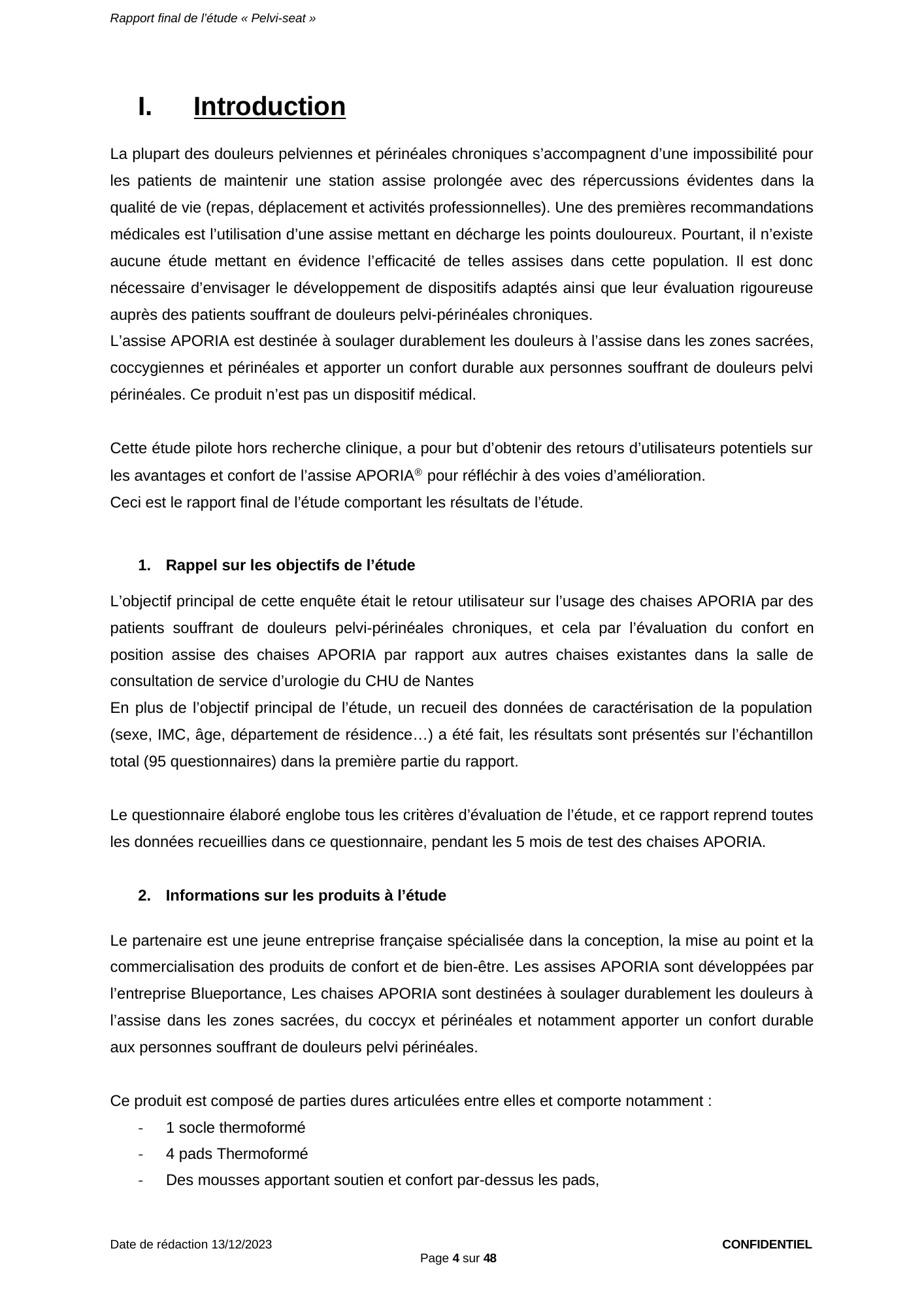 Étude Pelvi-Seat CHU de Nantes, page 4 : Introduction : les douleurs pelviennes et périnéales chroniques empêchent souvent de rester assis ; aucune étude n'évalue les assises de décharge ; objectifs de l'étude sur l'assise Aporia®.