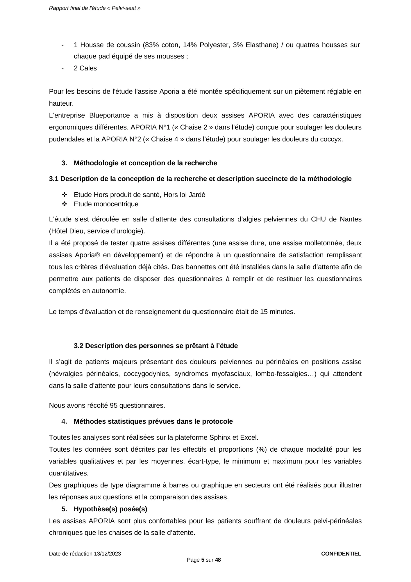 Étude Pelvi-Seat CHU de Nantes, page 5 : Description des assises testées : Aporia® N°1 (chaise 2), conçue pour les douleurs pudendales, et Aporia® N°2 (chaise 4), conçue pour les douleurs du coccyx ; méthodologie en salle d'attente des consultations d'algies pelviennes.
