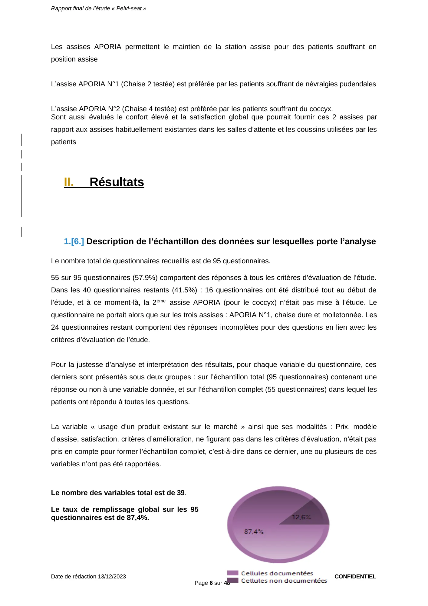 Figure du rapport Pelvi-Seat (page 6) : Diagramme circulaire — cellules documentées 87,4 %, cellules non documentées 12,6 %