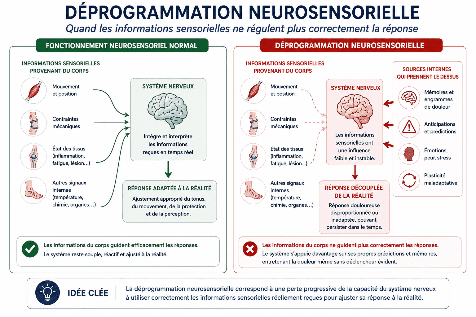 Comparaison entre un fonctionnement neurosensoriel normal et une déprogrammation neurosensorielle où les informations sensorielles du corps ne régulent plus correctement la réponse du système nerveux.