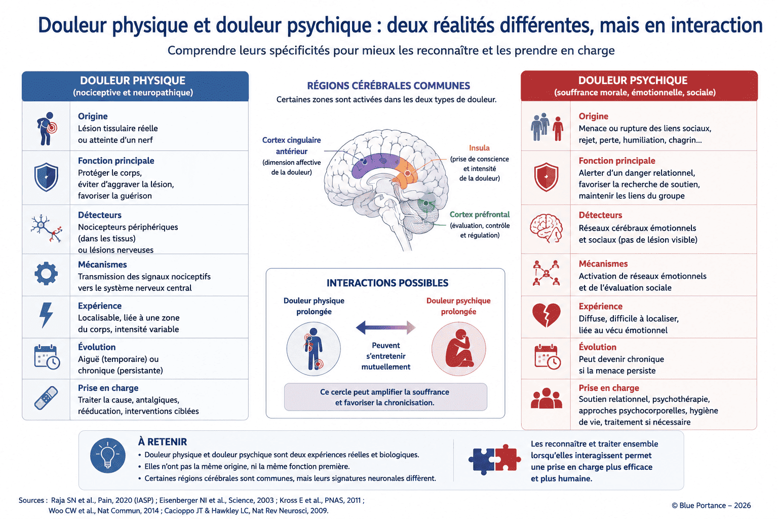 Tableau comparatif entre douleur physique et douleur psychique montrant leurs différences, leurs régions cérébrales communes et leurs interactions.