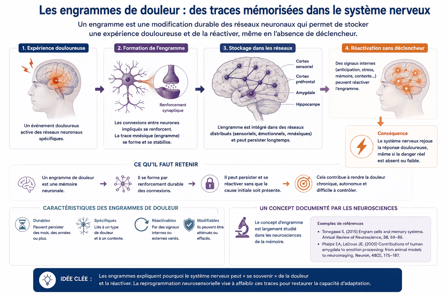 Schéma illustrant la formation, le stockage et la réactivation des engrammes de douleur.