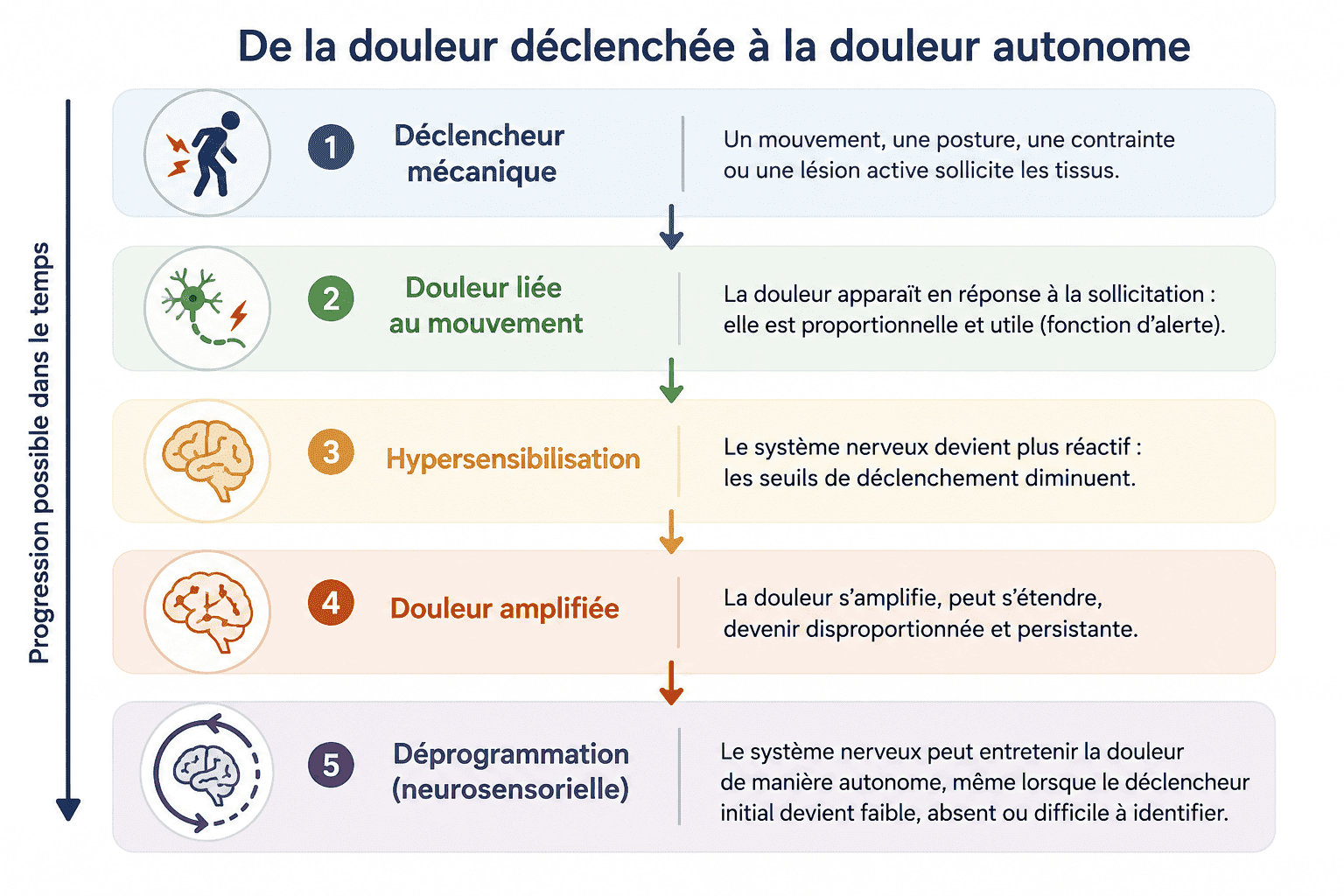 Schéma illustrant l'évolution progressive d'une douleur initialement liée à un déclencheur vers une douleur chronique de plus en plus autonome, sous l'effet des mécanismes de plasticité du système nerveux.