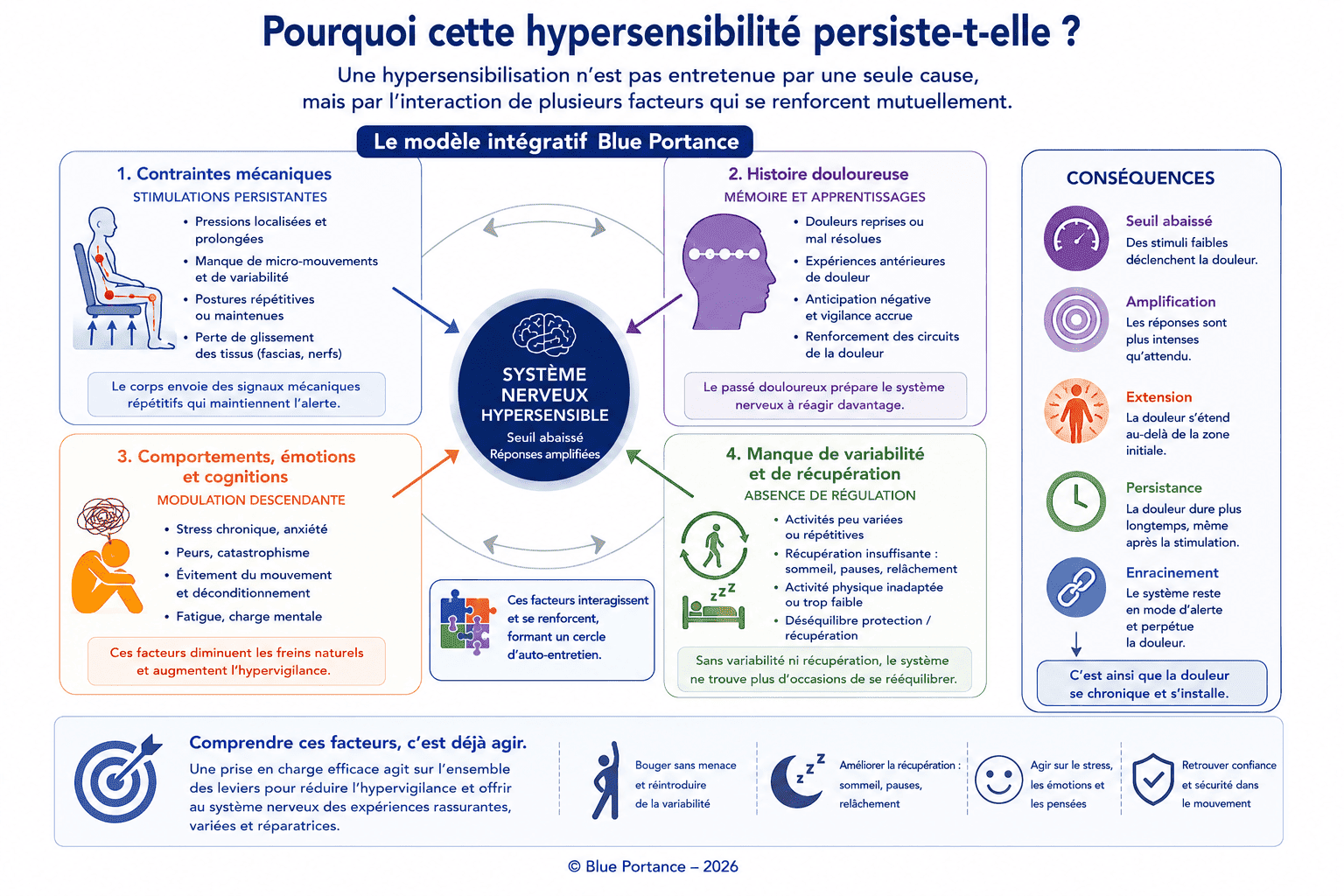Modèle intégratif Blue Portance présentant les principaux facteurs biologiques, mécaniques, comportementaux et environnementaux qui entretiennent une hypersensibilisation du système nerveux.