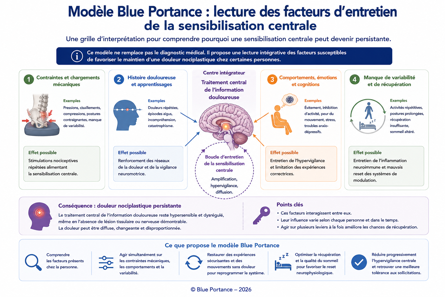 Modèle Blue Portance présentant les principaux facteurs susceptibles d'entretenir une sensibilisation centrale persistante.