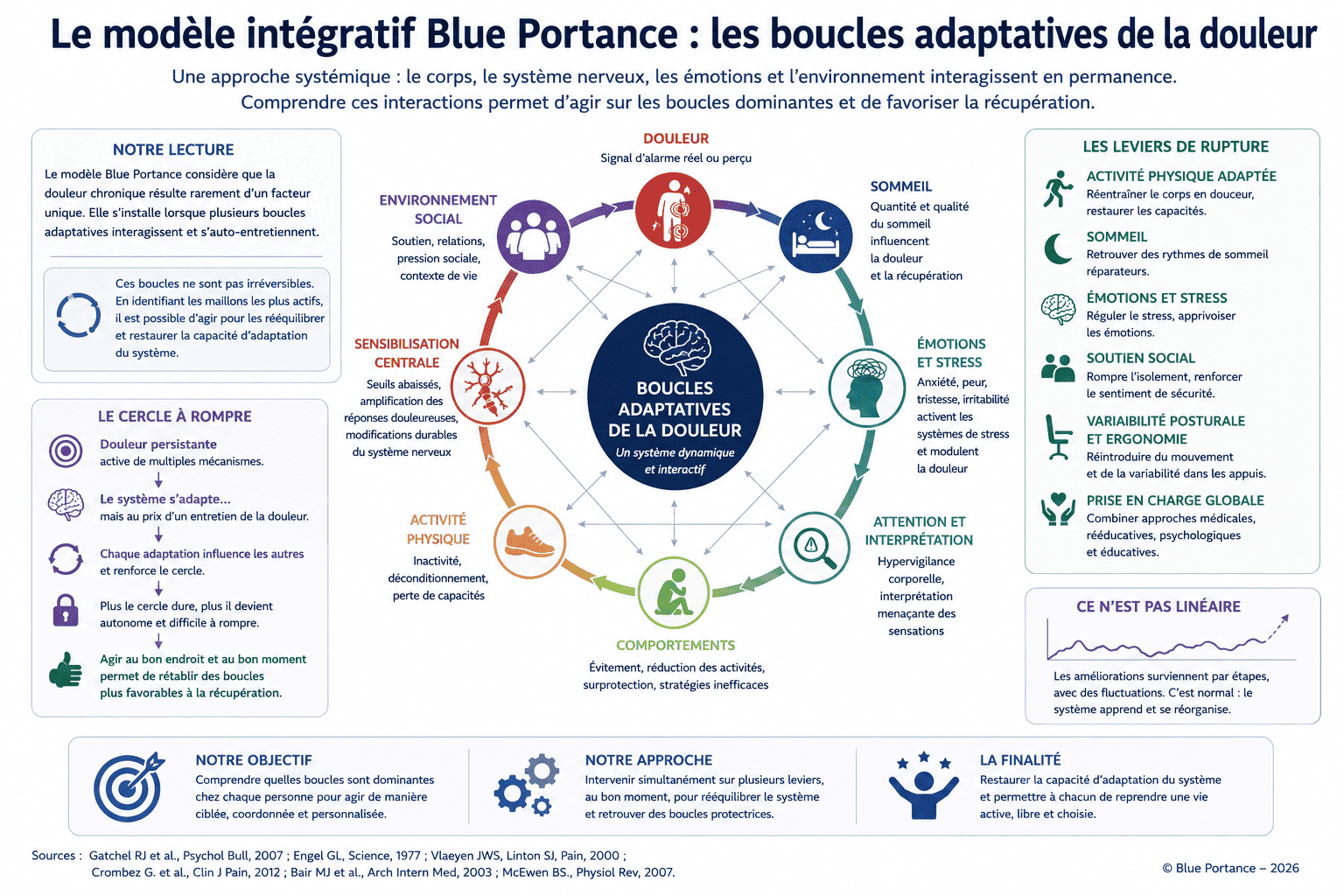 Modèle intégratif Blue Portance reliant contraintes mécaniques, système nerveux, sommeil, émotions, comportements et environnement, avec plusieurs leviers d'action sur les boucles adaptatives.