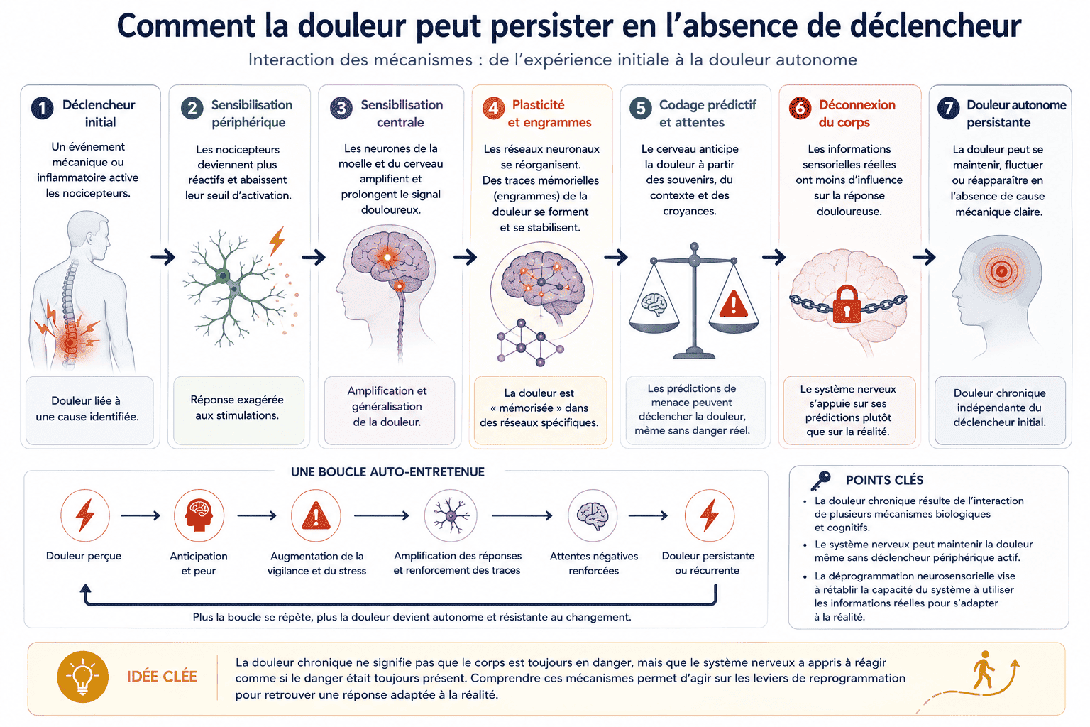 Schéma illustrant les interactions entre sensibilisation centrale, plasticité neuronale, engrammes de douleur et codage prédictif pouvant conduire au maintien d'une douleur malgré la disparition du déclencheur initial.
