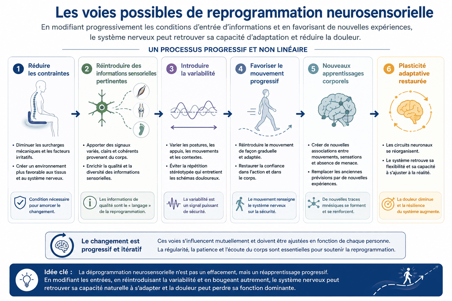 Schéma présentant les principaux leviers susceptibles de favoriser une reprogrammation neurosensorielle : diminution des contraintes, nouvelles expériences sensorielles, mouvement, exposition progressive et plasticité adaptative du système nerveux.