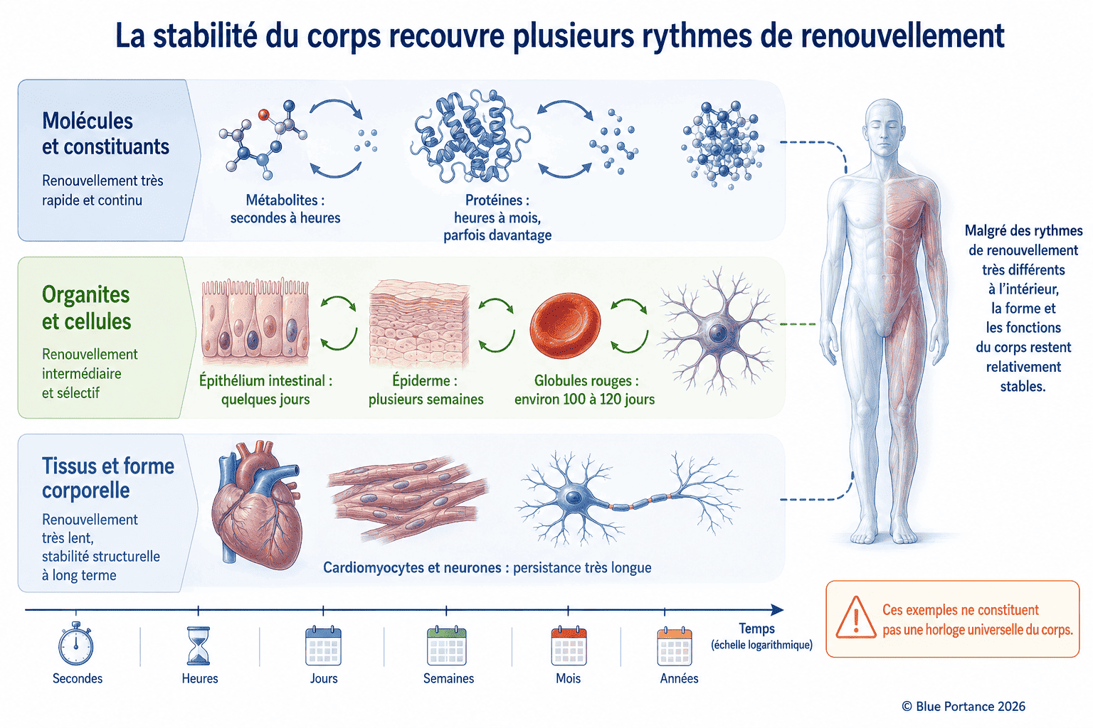 Comparaison des rythmes de renouvellement des molécules, cellules et tissus, de quelques secondes à plusieurs années.