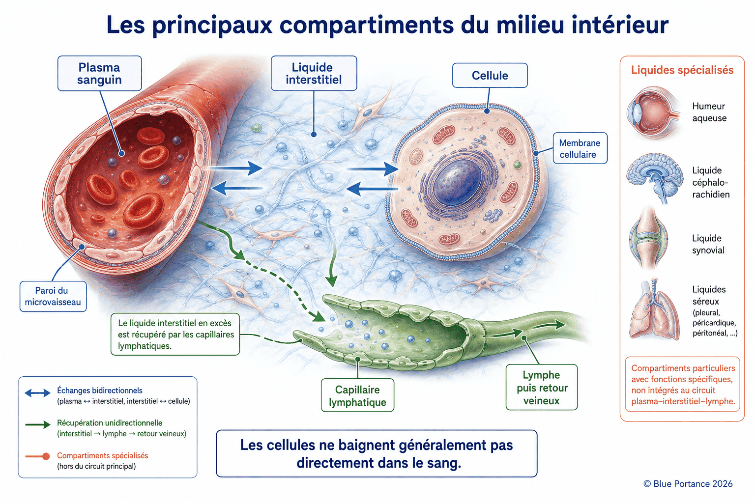 Schéma des compartiments extracellulaires : plasma, liquide interstitiel, lymphe et liquides spécialisés.