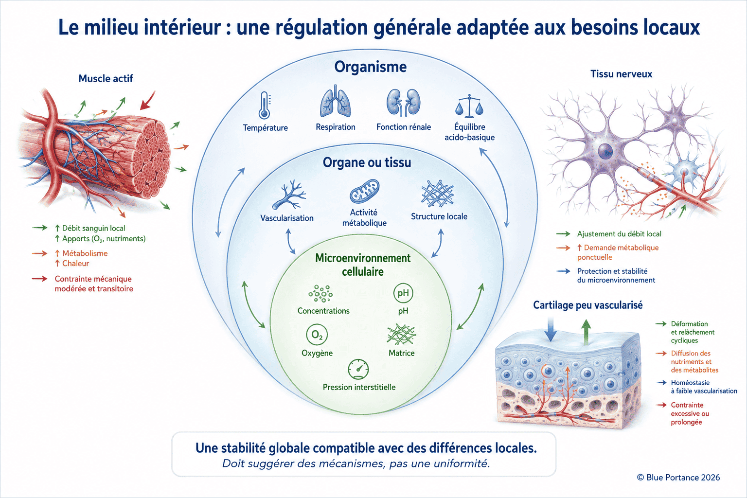 Trois niveaux de régulation : organisme, organe ou tissu, et microenvironnement cellulaire.