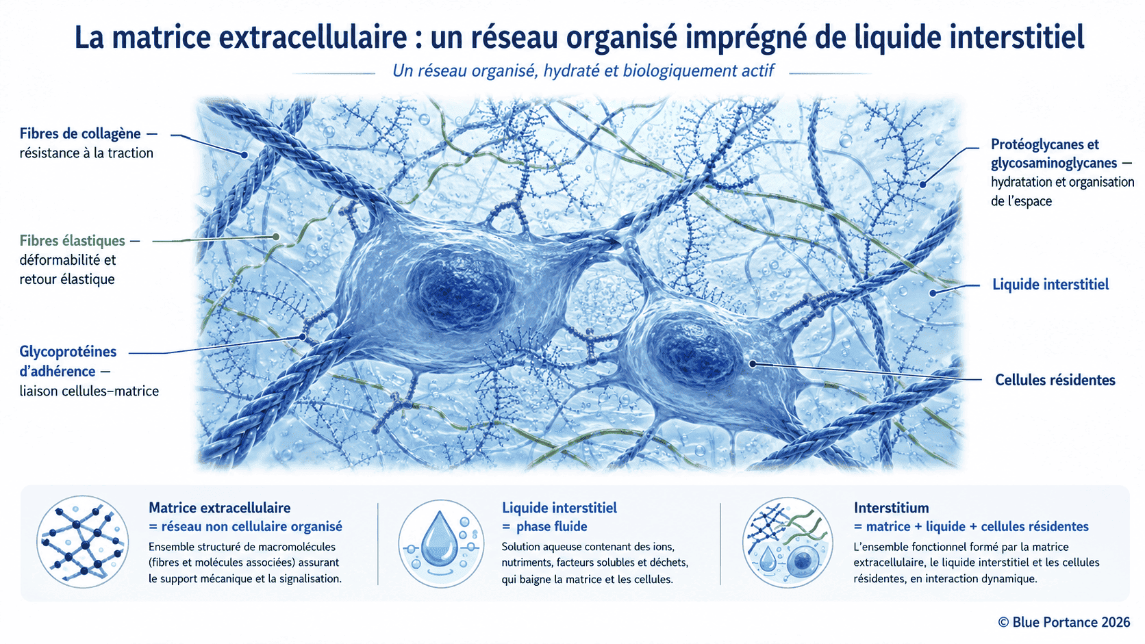 Matrice extracellulaire hydratée avec collagène, fibres élastiques, glycoprotéines, protéoglycanes, eau et cellules.