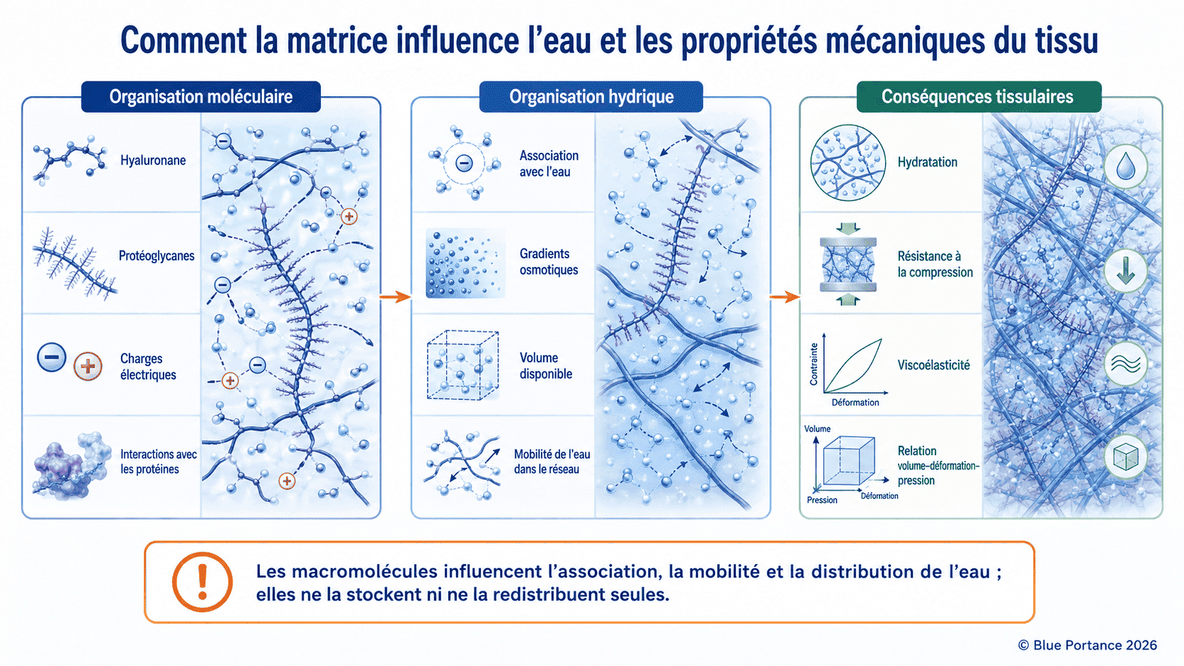 Relations entre macromolécules matricielles, organisation de l'eau et propriétés mécaniques du tissu.