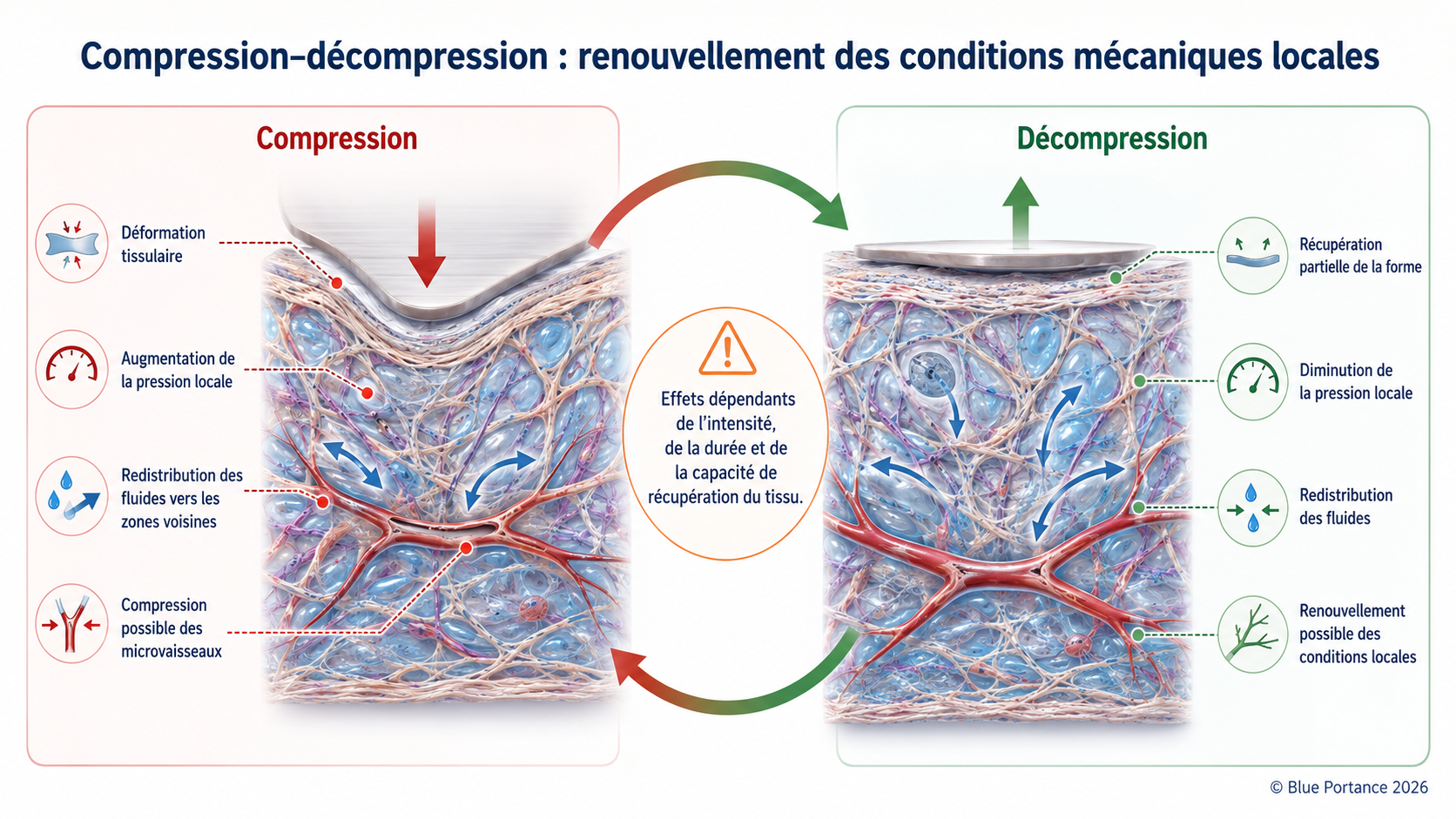 Deux états d'un tissu pendant la compression et la décompression, avec redistribution locale des fluides.