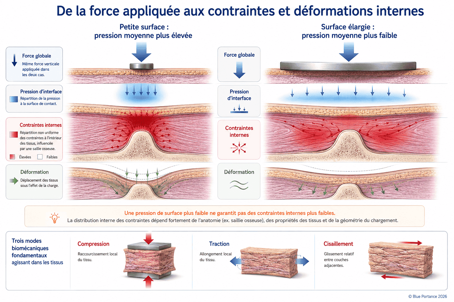 Différences entre force, pression d'interface, contraintes internes et déformation tissulaire.