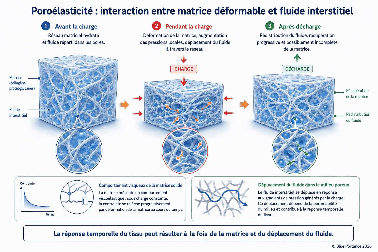 États d'un tissu poreux hydraté avant, pendant et après une charge.