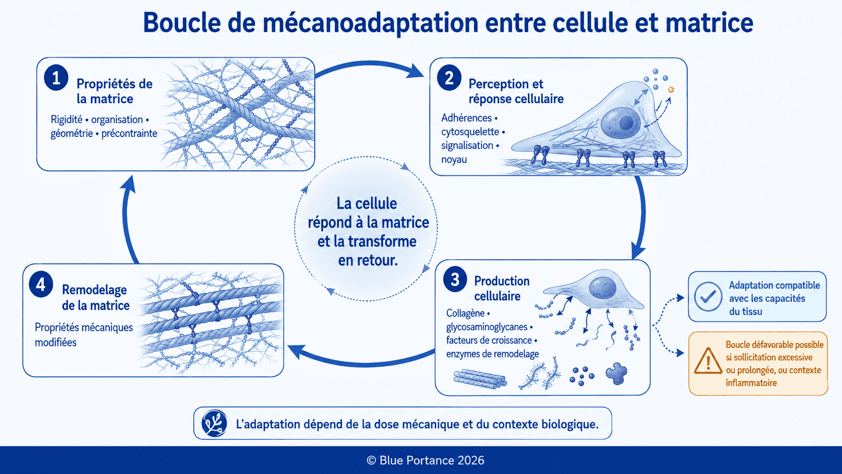 Boucle de rétroaction entre propriétés de la matrice, perception cellulaire, production cellulaire et remodelage.
