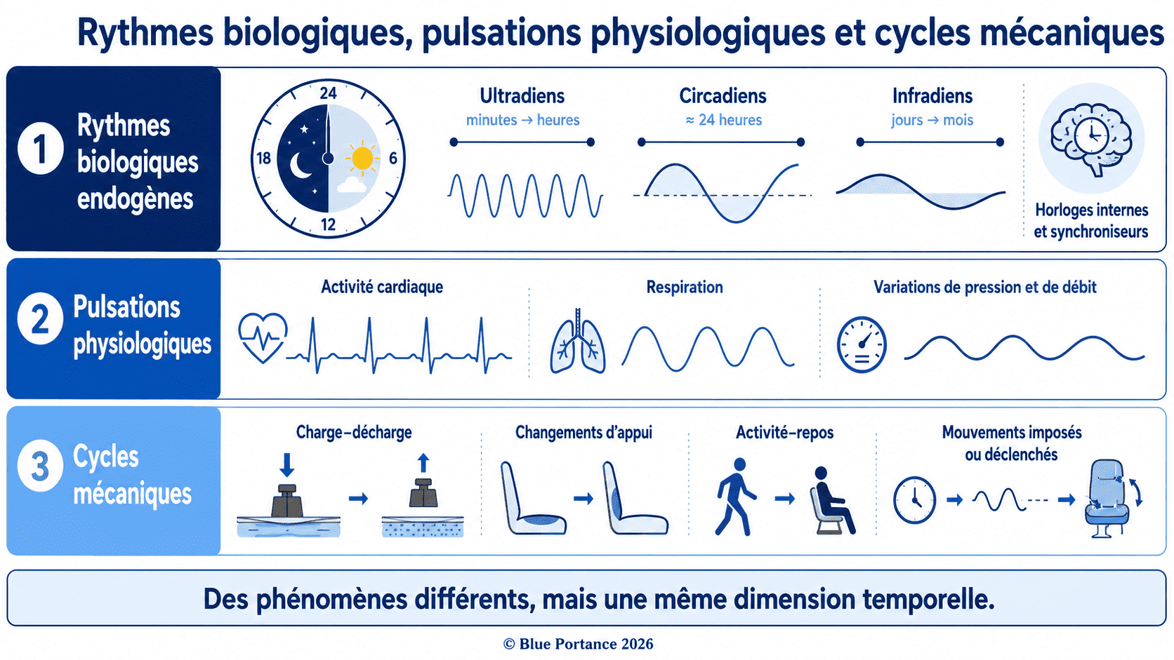Comparaison des rythmes biologiques, pulsations physiologiques et cycles mécaniques.