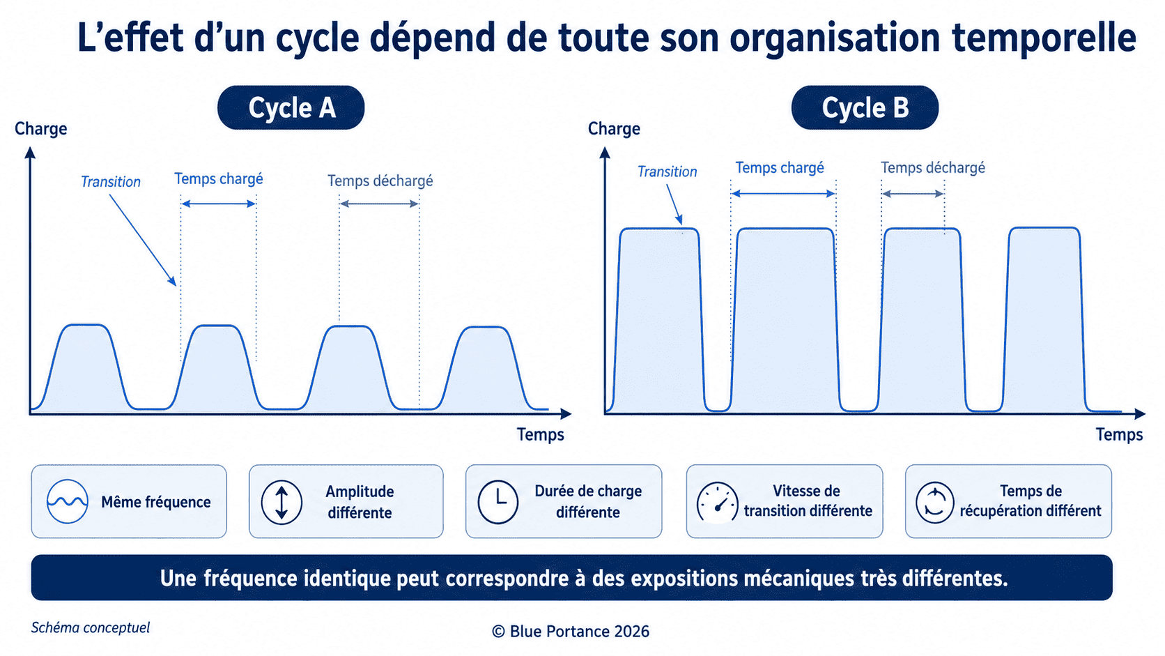 Deux cycles de même fréquence mais d'amplitude, durée de charge, vitesse de transition et récupération différentes.