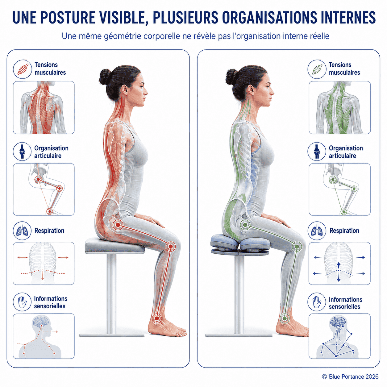 Deux personnes présentent une posture assise similaire mais des organisations musculaires, articulaires, respiratoires et sensorielles différentes.